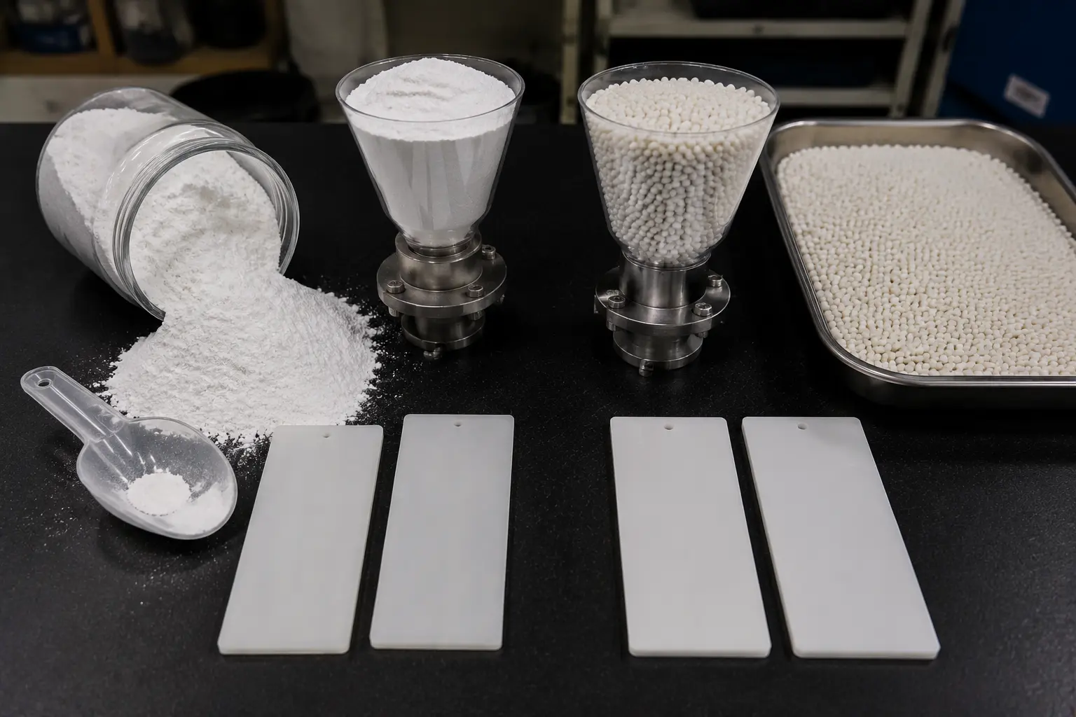Additive powder next to masterbatch pellets for comparison