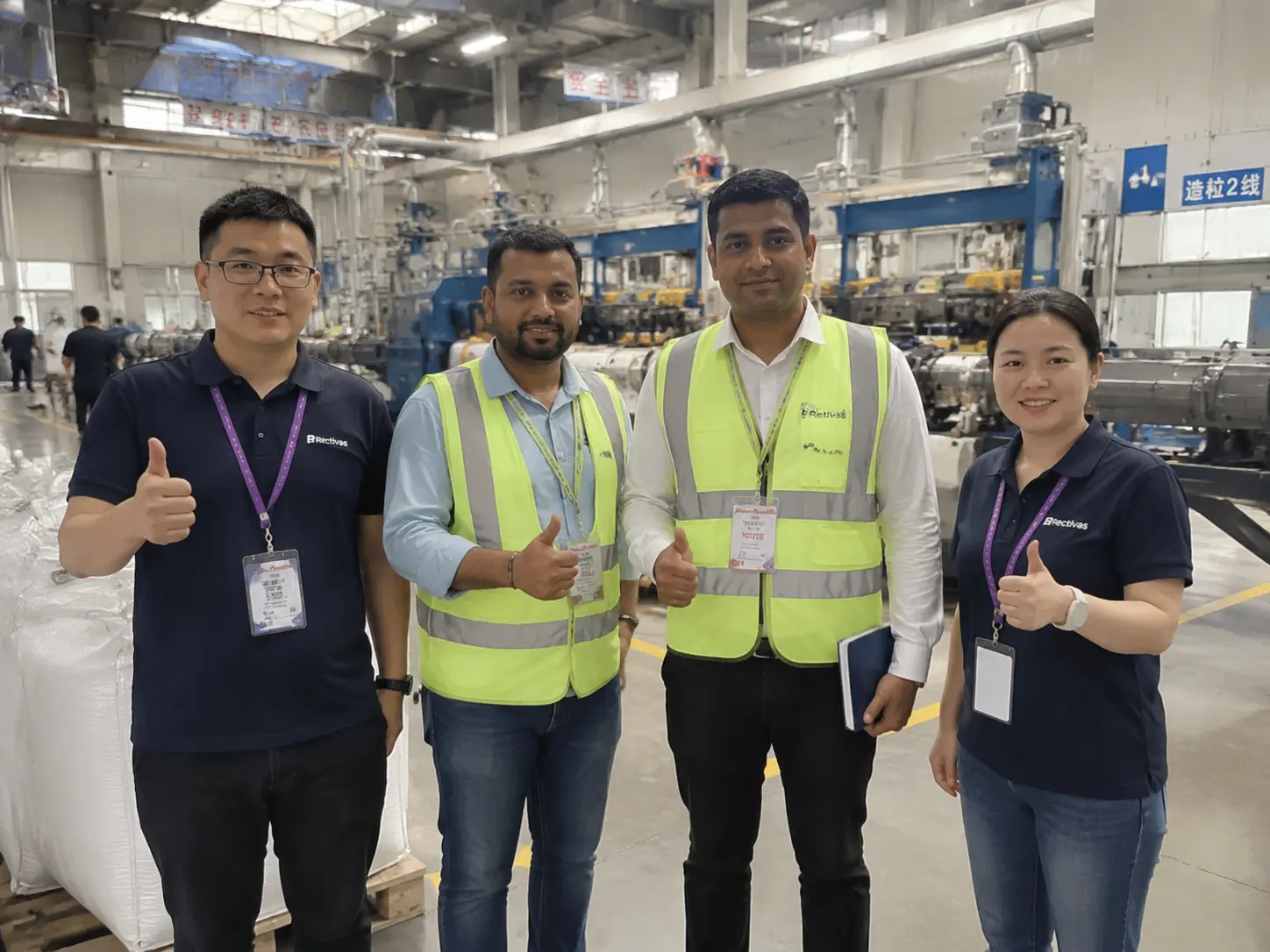 Client visiting the Rectivas factory, group photo on the production floor