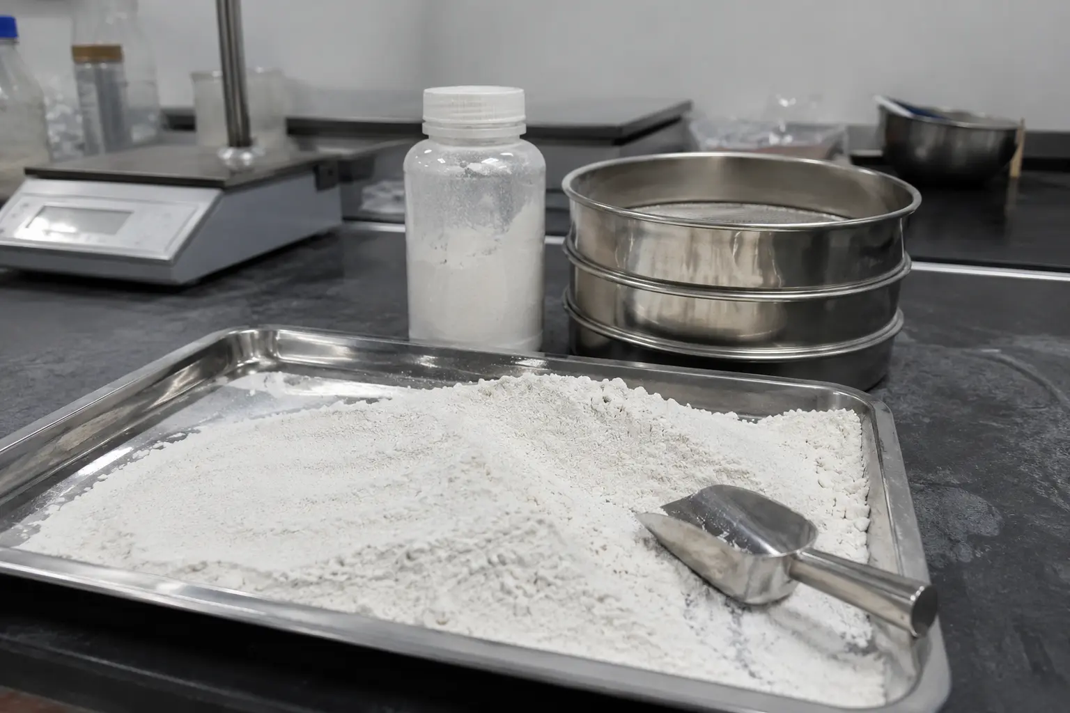 White magnesium hydroxide flame retardant powder in the QC lab