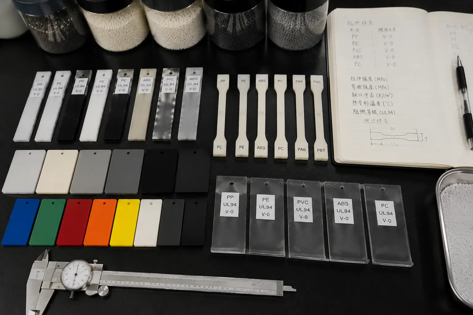 Flame retardant epoxy test specimens and color samples after UL94 testing