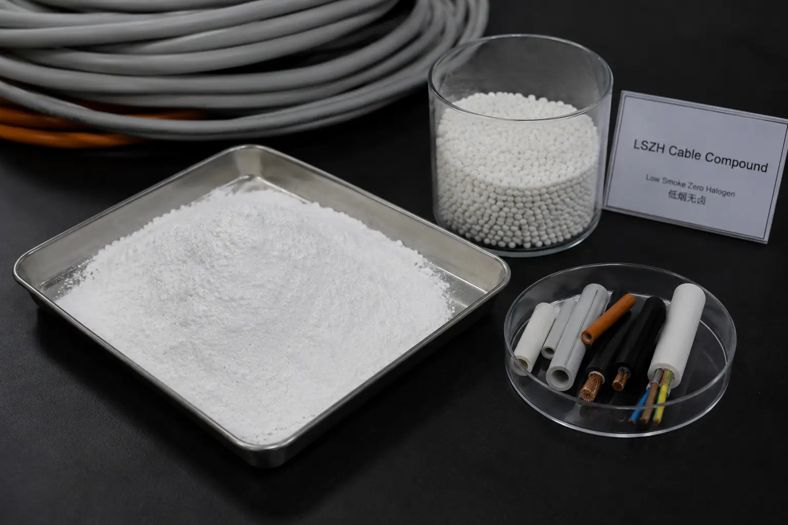 Halogen-free flame retardant powder and LSZH pellets
