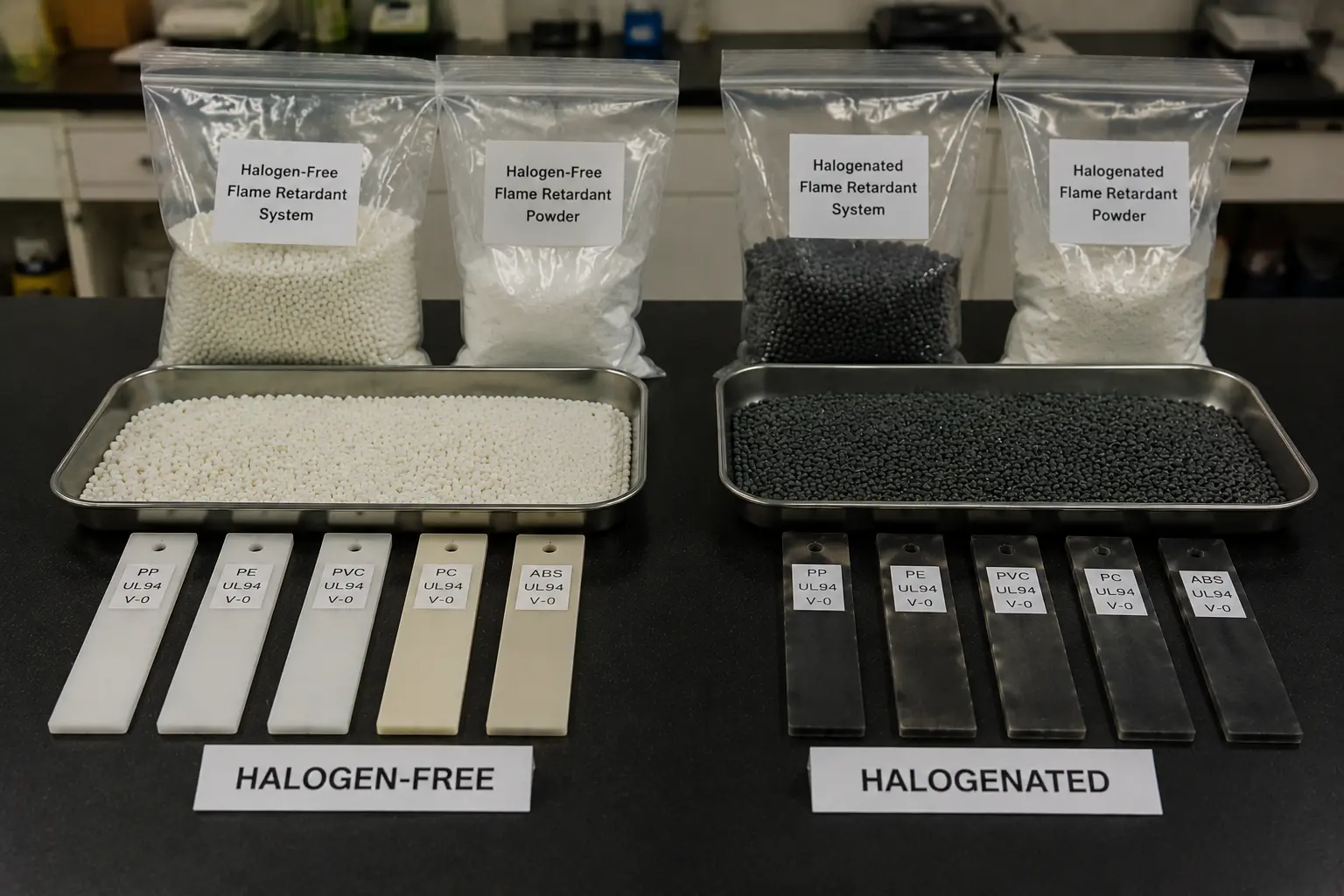 Brominated additive, synergist blend and treated compound pellets