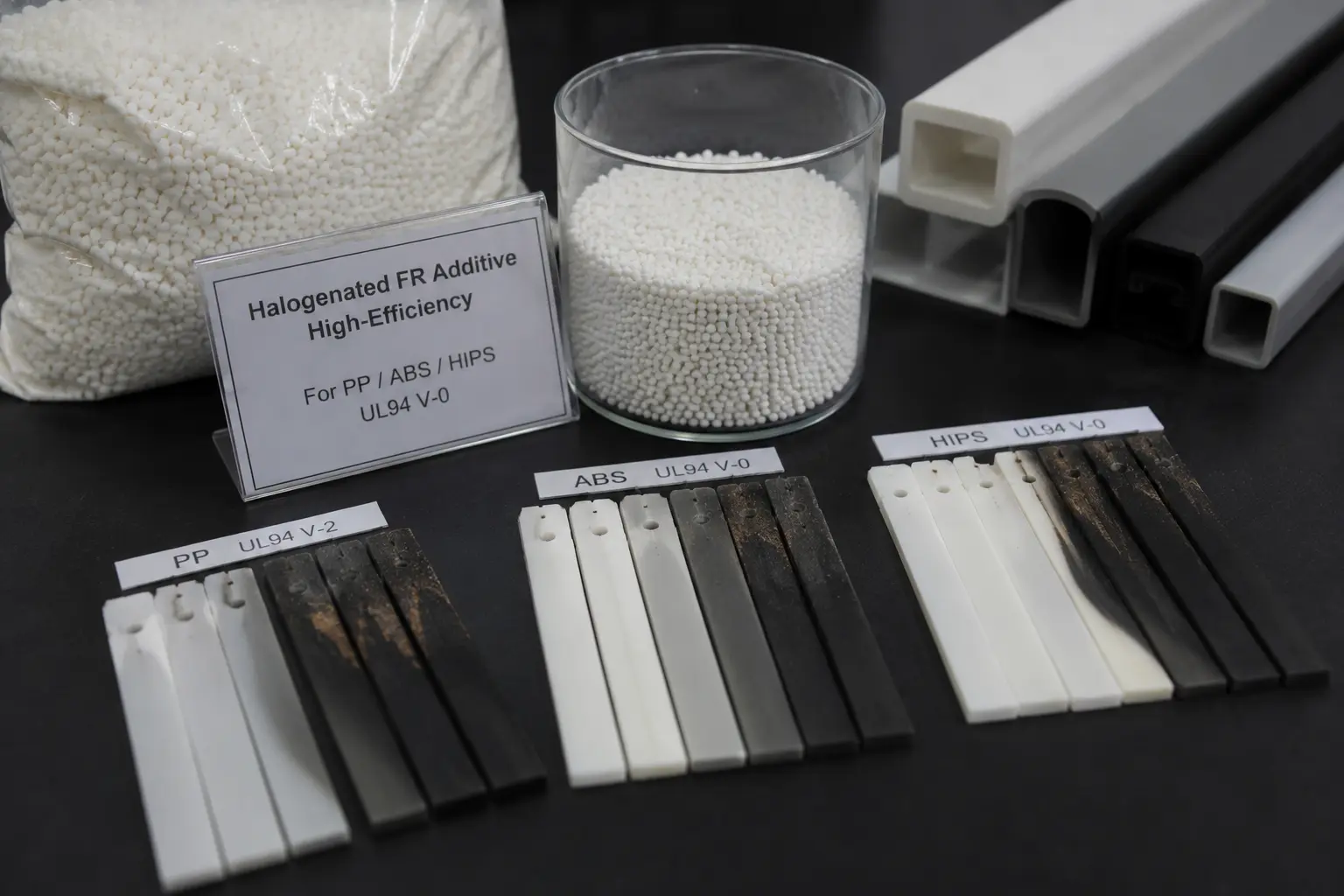 Flame retardant polystyrene HIPS test bars after UL94 burn testing