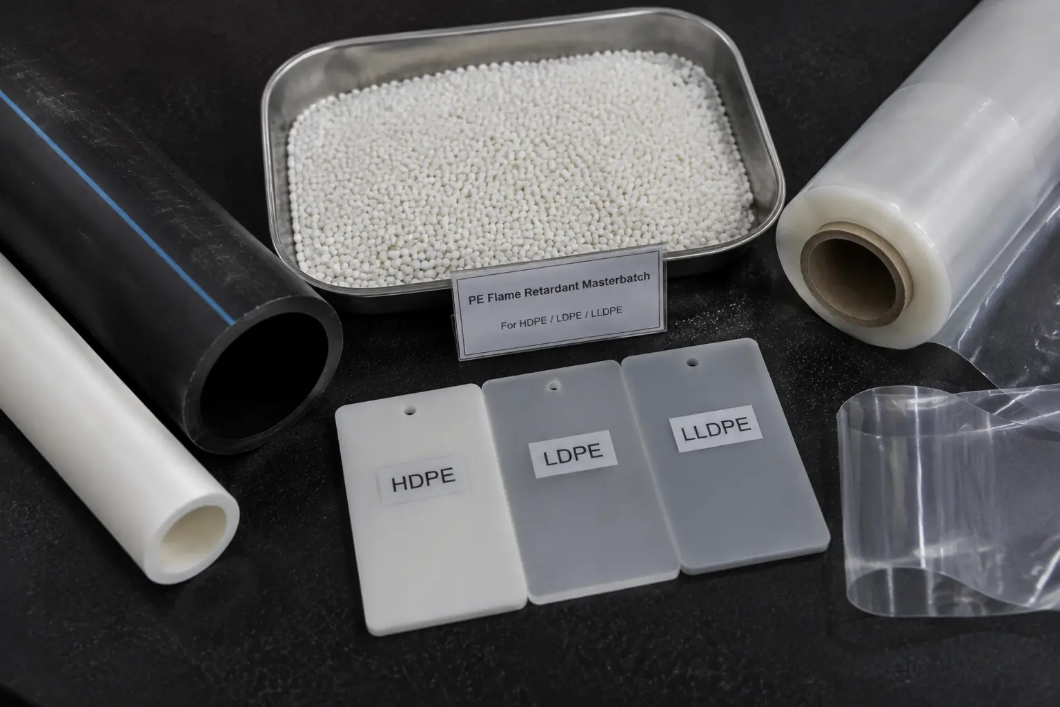 PE flame retardant masterbatch pellets with HDPE film samples