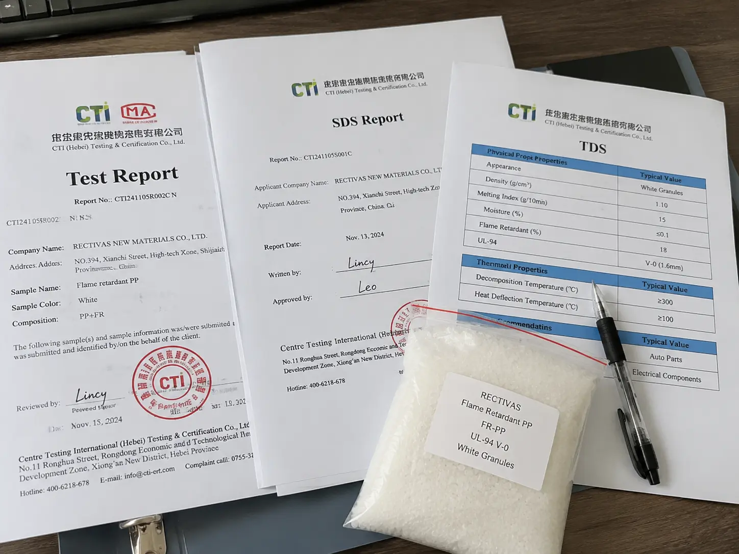 Test report, SDS and TDS documents with a labeled Rectivas sample bag