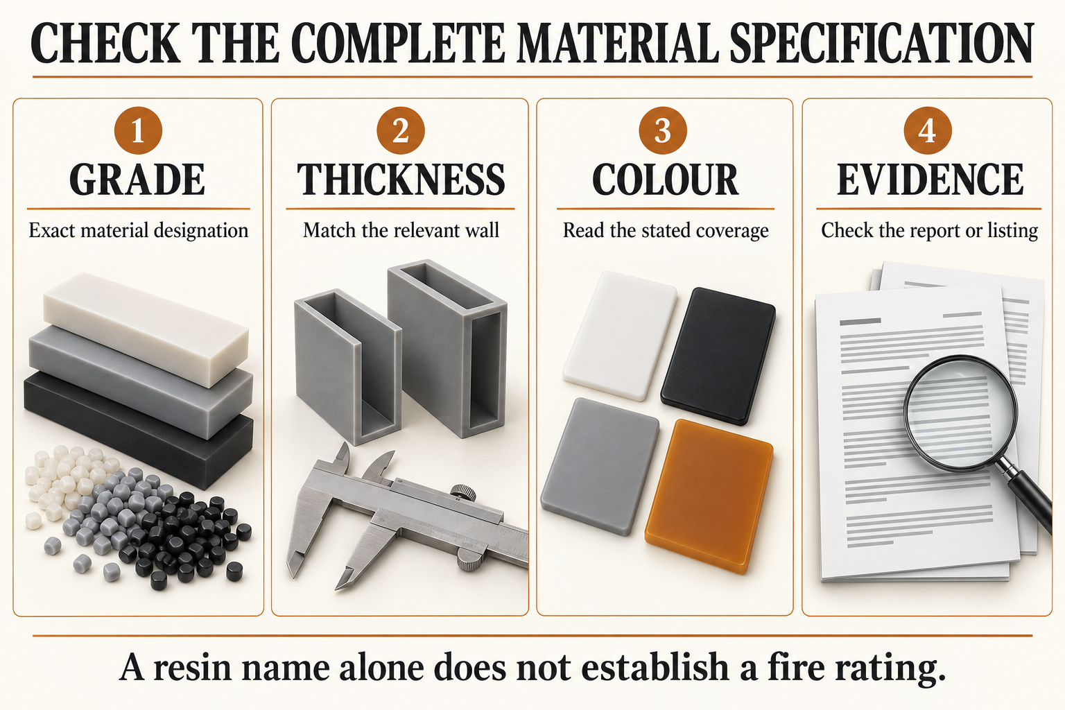 Four material selection checks: exact grade, relevant wall thickness, colour coverage and supporting test or recognition evidence.
