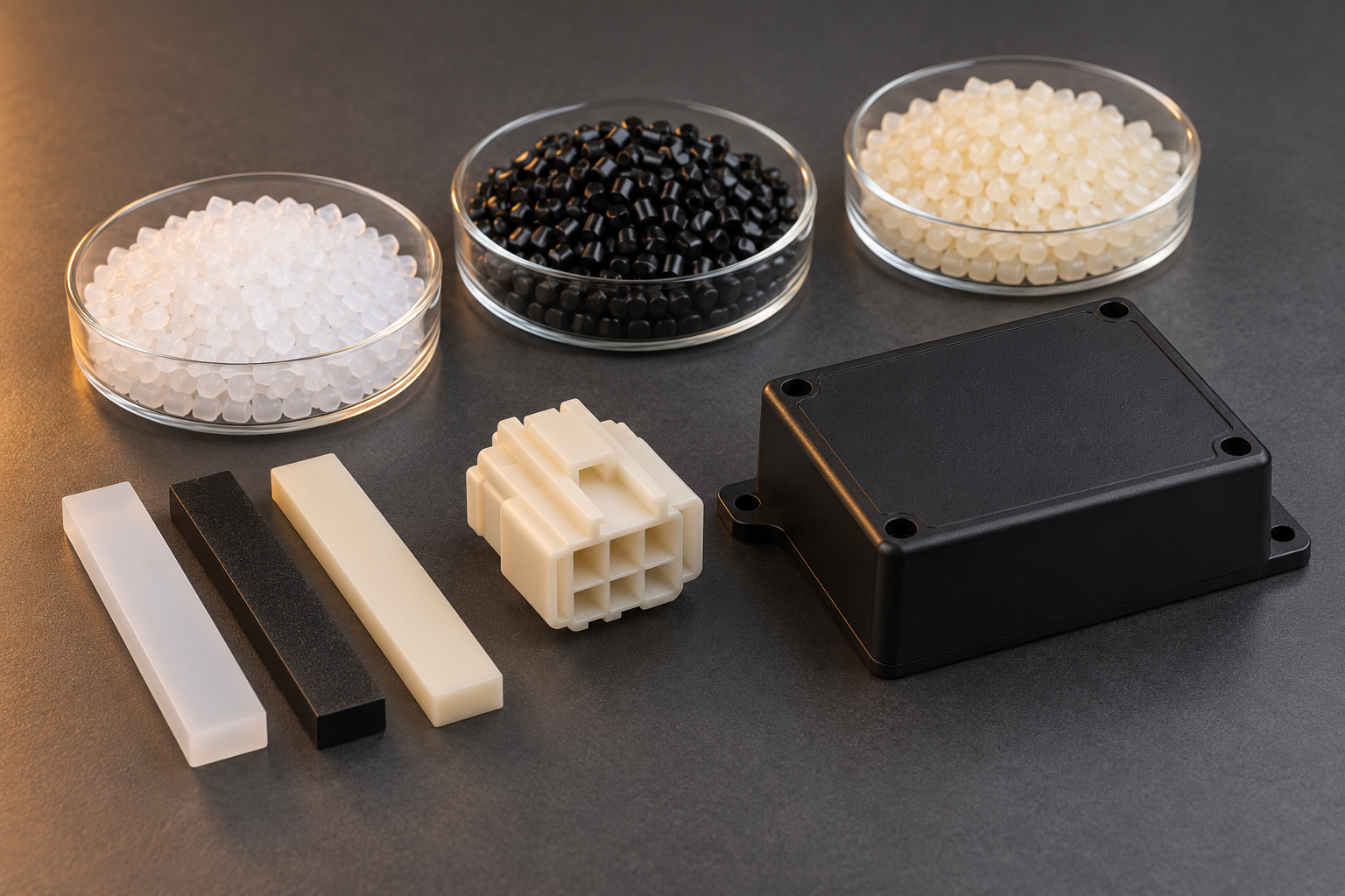 White, black and natural plastic pellets beside a moulded enclosure, connector housing and plain specimen bars.