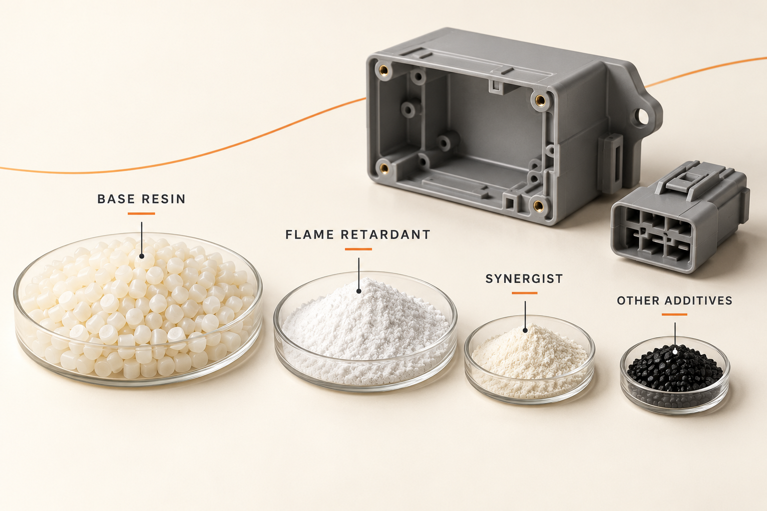 Flame retardant formulations illustrated with base resin pellets, flame retardant powder, a synergist and other additives