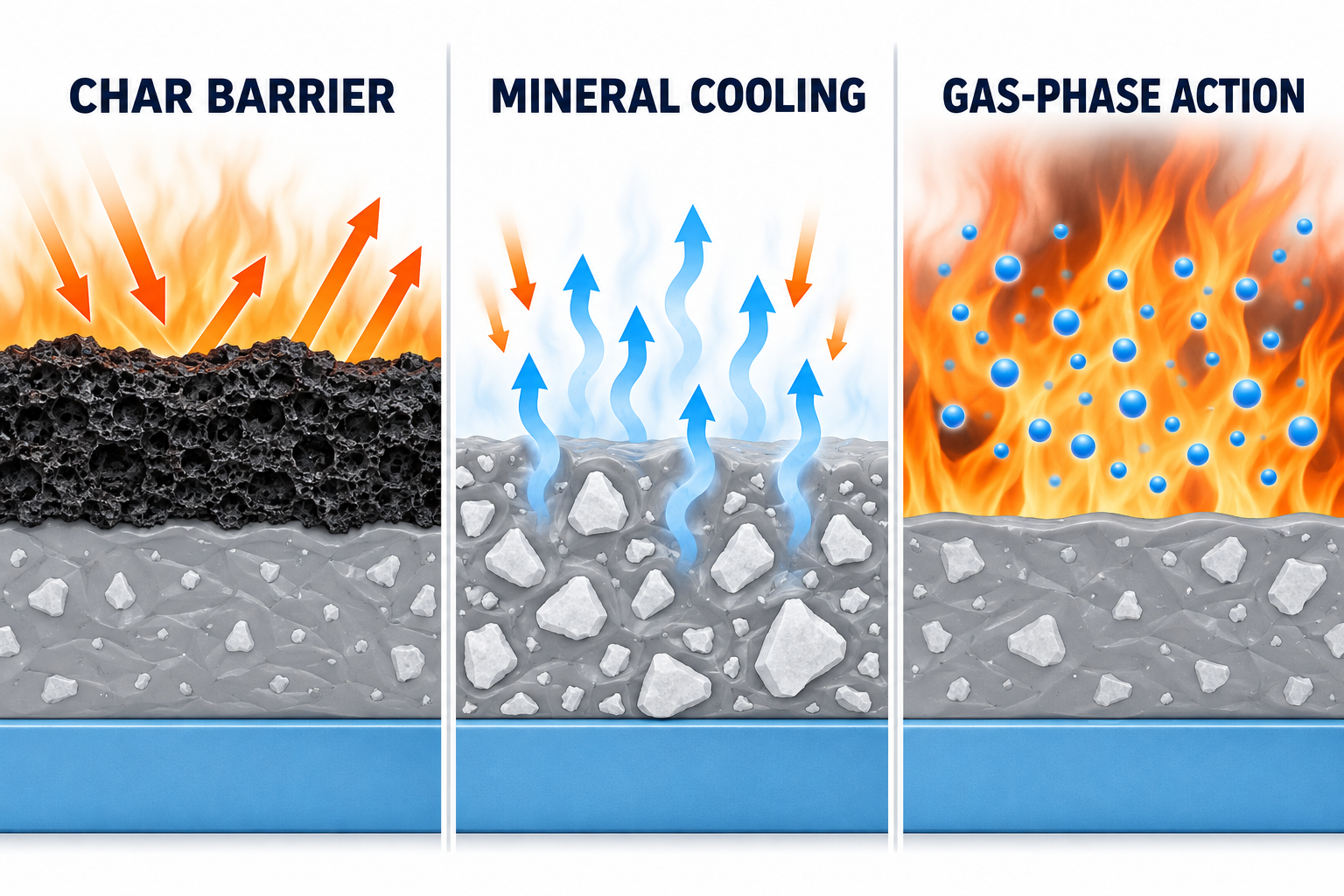 Schematic comparison of a protective char barrier, mineral cooling with water vapor, and gas-phase flame retardant action