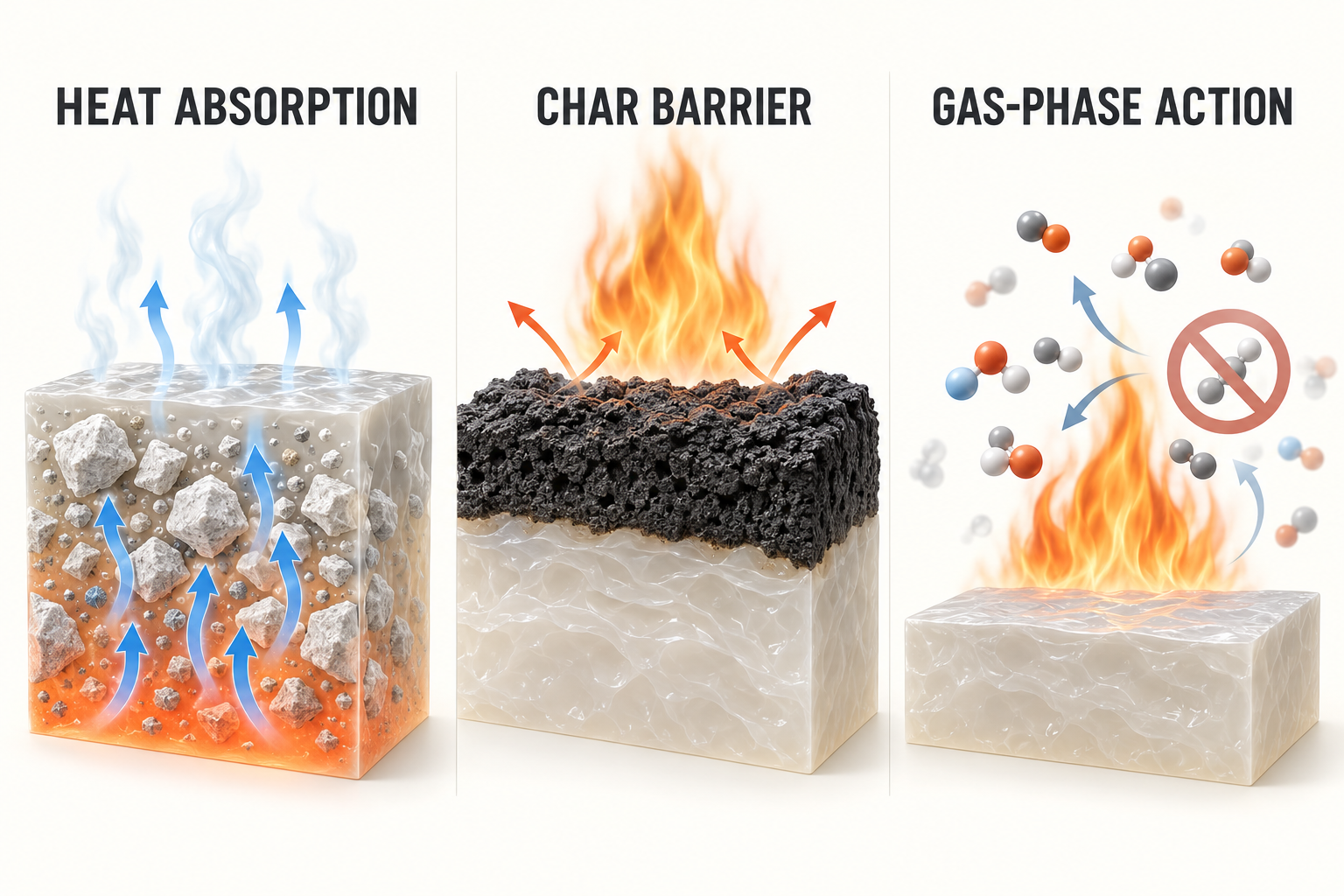 Conceptual illustration of heat absorption, protective char formation and gas-phase action in flame retardant plastics