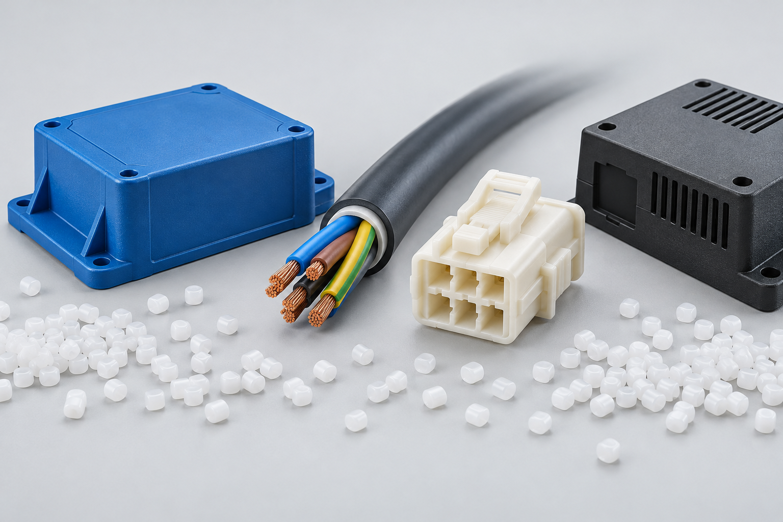 Illustration of a molded enclosure, cable cross-section, electrical connector and electronics housing with polymer pellets