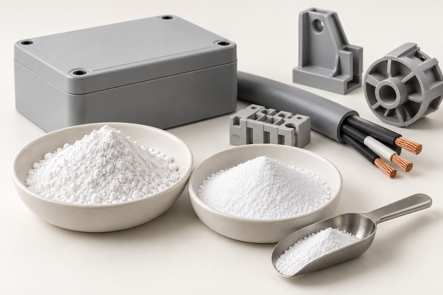 Flame retardant powder shown with illustrative plastic enclosure and cable components
