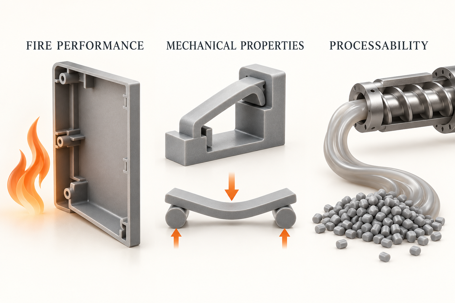 Conceptual illustration of fire performance, mechanical properties and processability in flame retardant formulation design