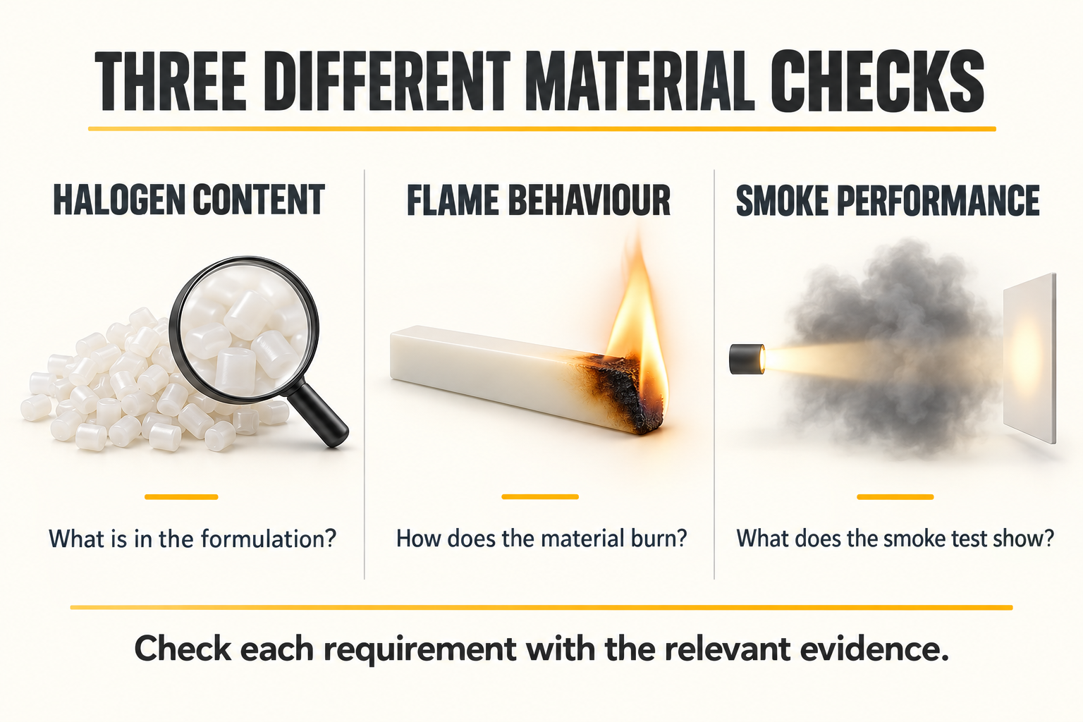 Three separate material checks illustrated with pellets, a burning specimen and a light beam passing through smoke.