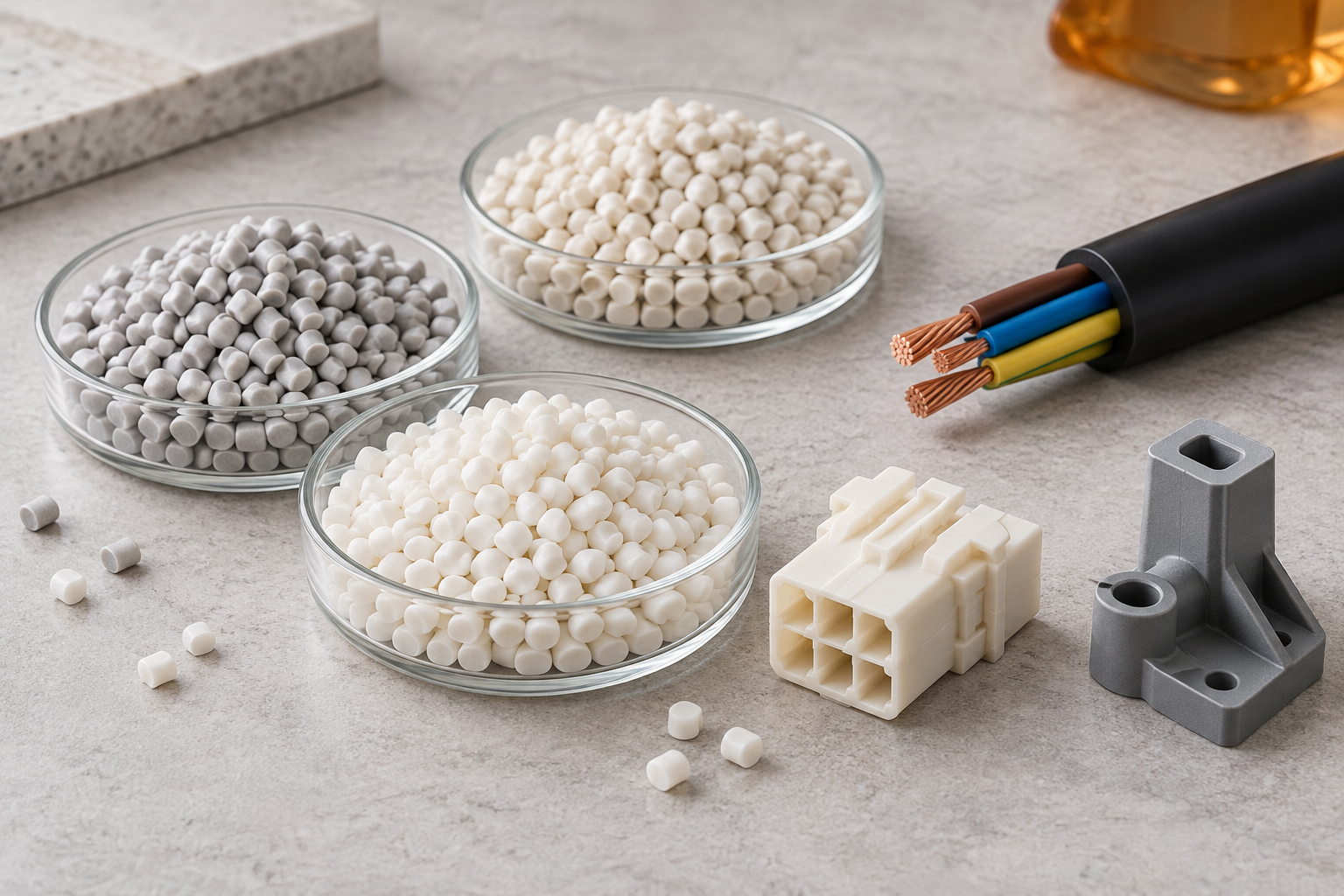 Polymer compound pellets beside a cable offcut, a connector housing and a grey moulded component on a neutral surface.