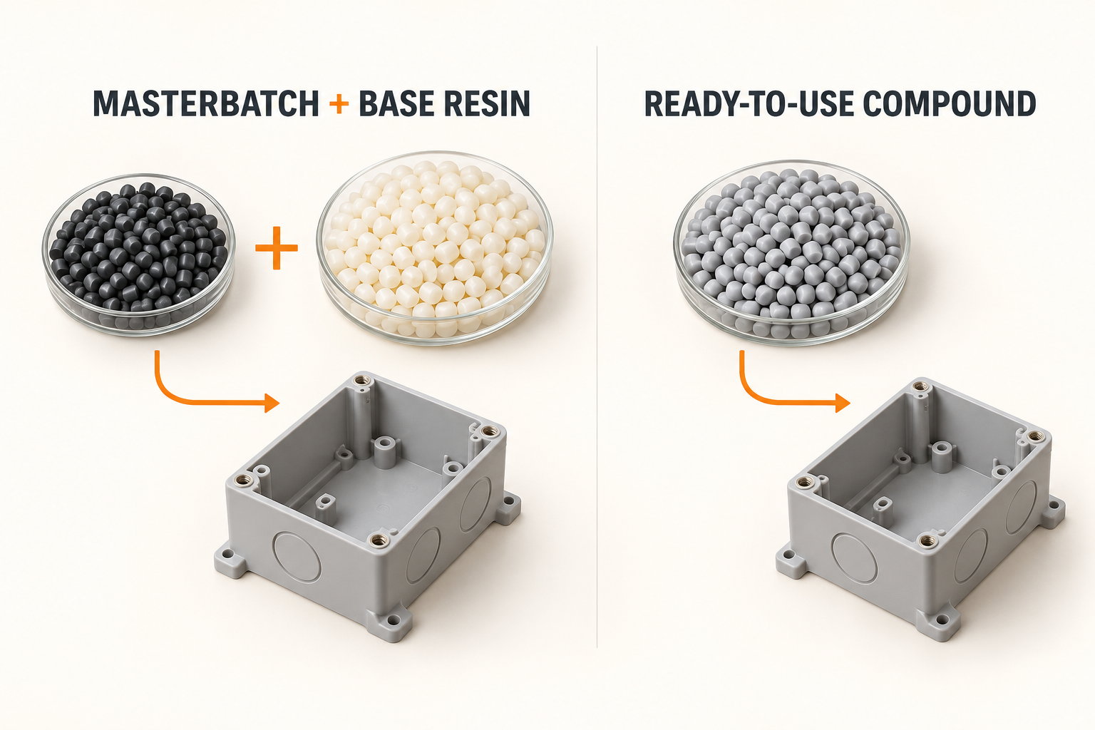 Flame retardant masterbatch compounds illustrated as concentrate plus base resin and ready-to-use compound supply routes