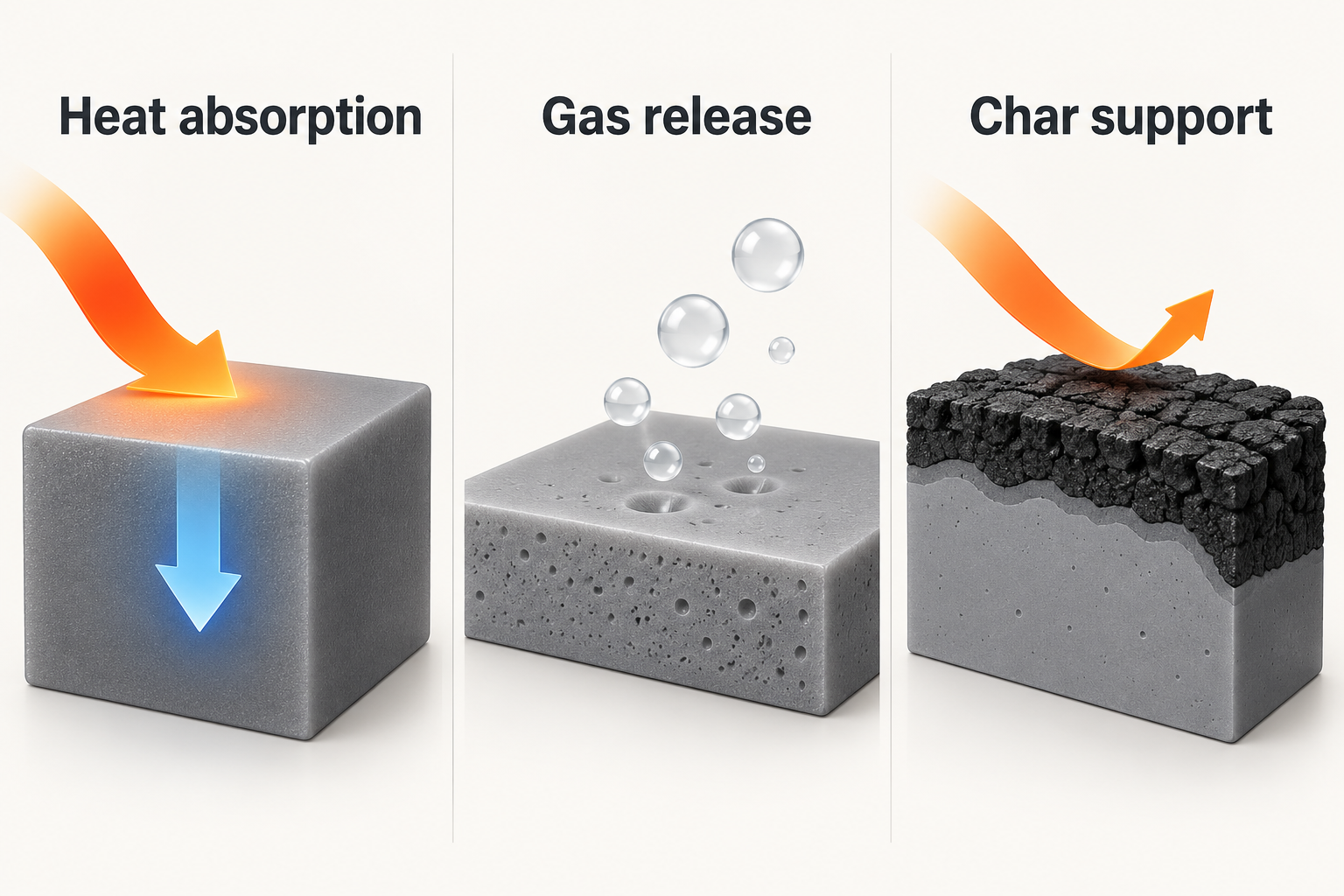 Conceptual nitrogen flame retardant mechanisms showing heat absorption, gas release and char support