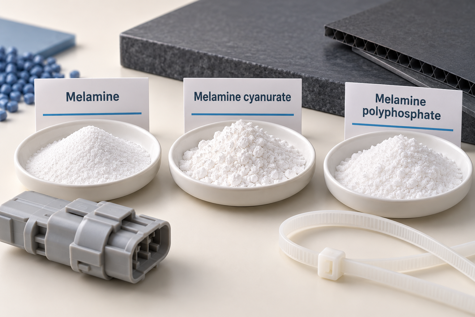 Nitrogen based flame retardant types illustrated as melamine, melamine cyanurate and melamine polyphosphate powders