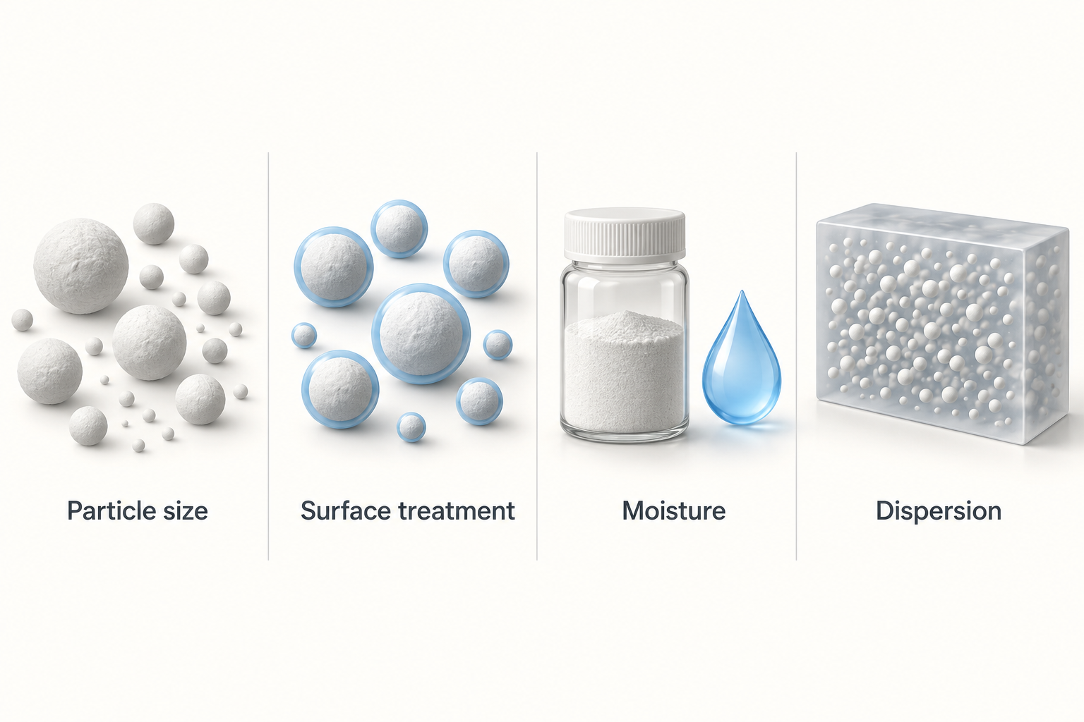 Conceptual diagram of particle size, surface treatment, moisture and dispersion in flame retardant powder